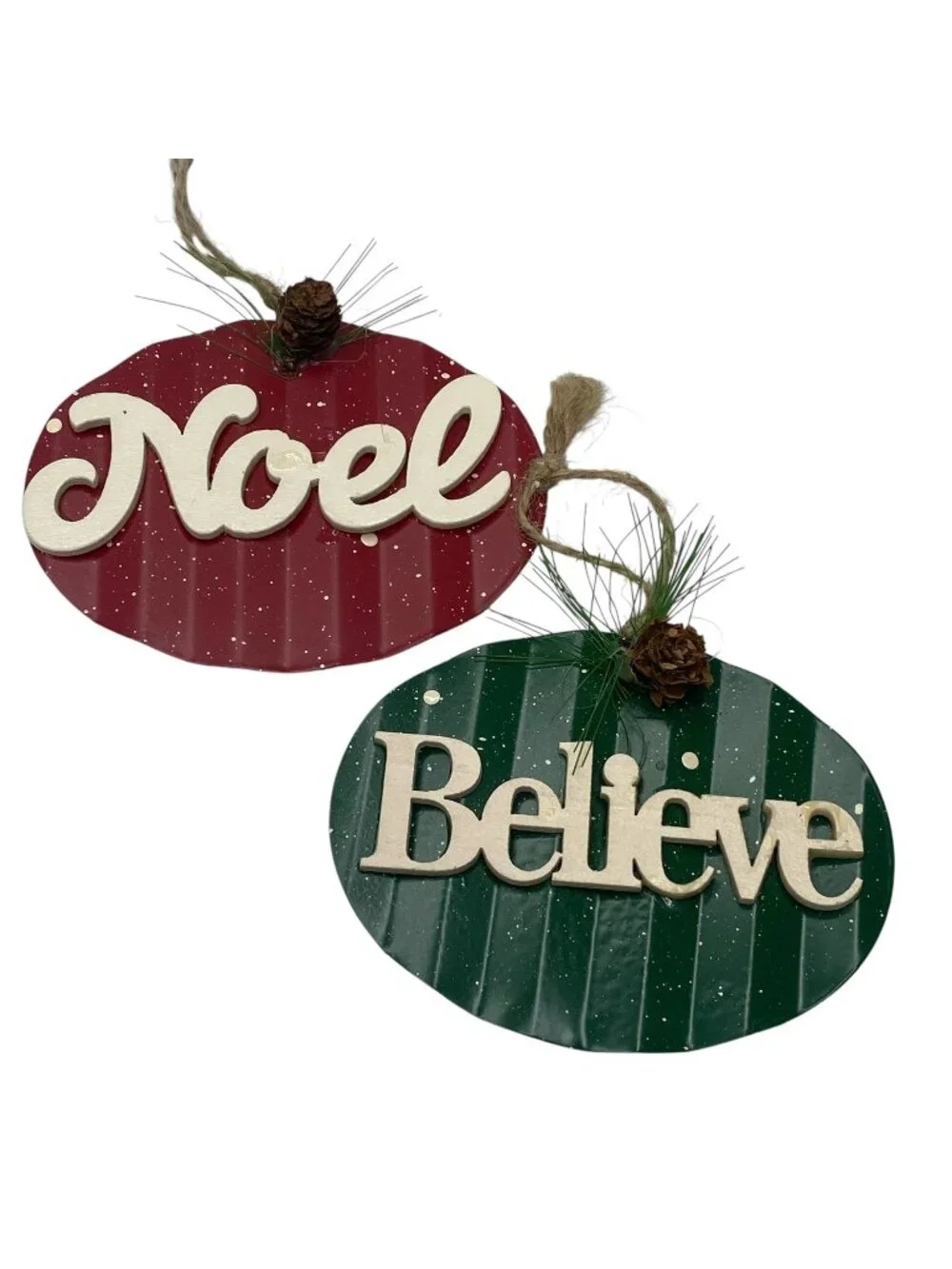 Rustic Wood & Tin Christmas Ornaments Set of 2 Red Noel Green Believe 4